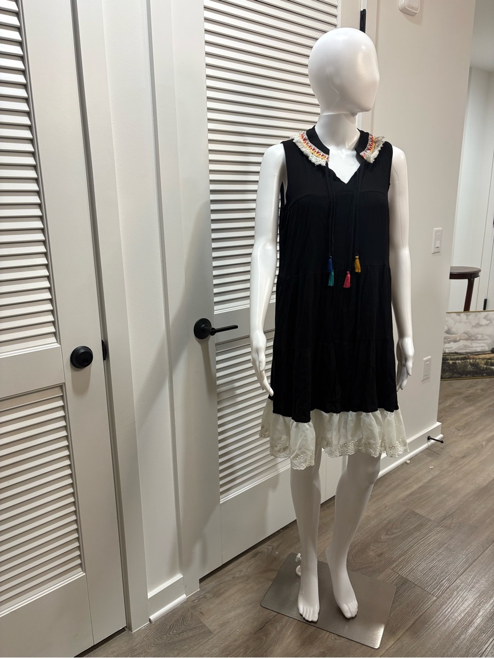 Current/Project Black Tiered Dress with Colorful Tassel Trim